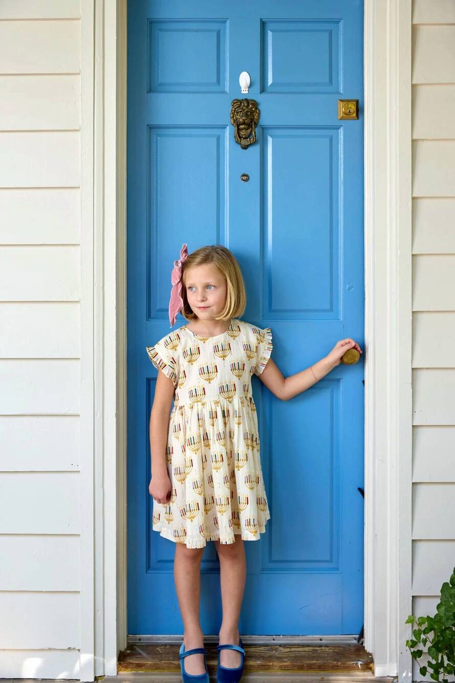 NEW PINK CHICKEN girl's colorful menorahs adaline dress in beige